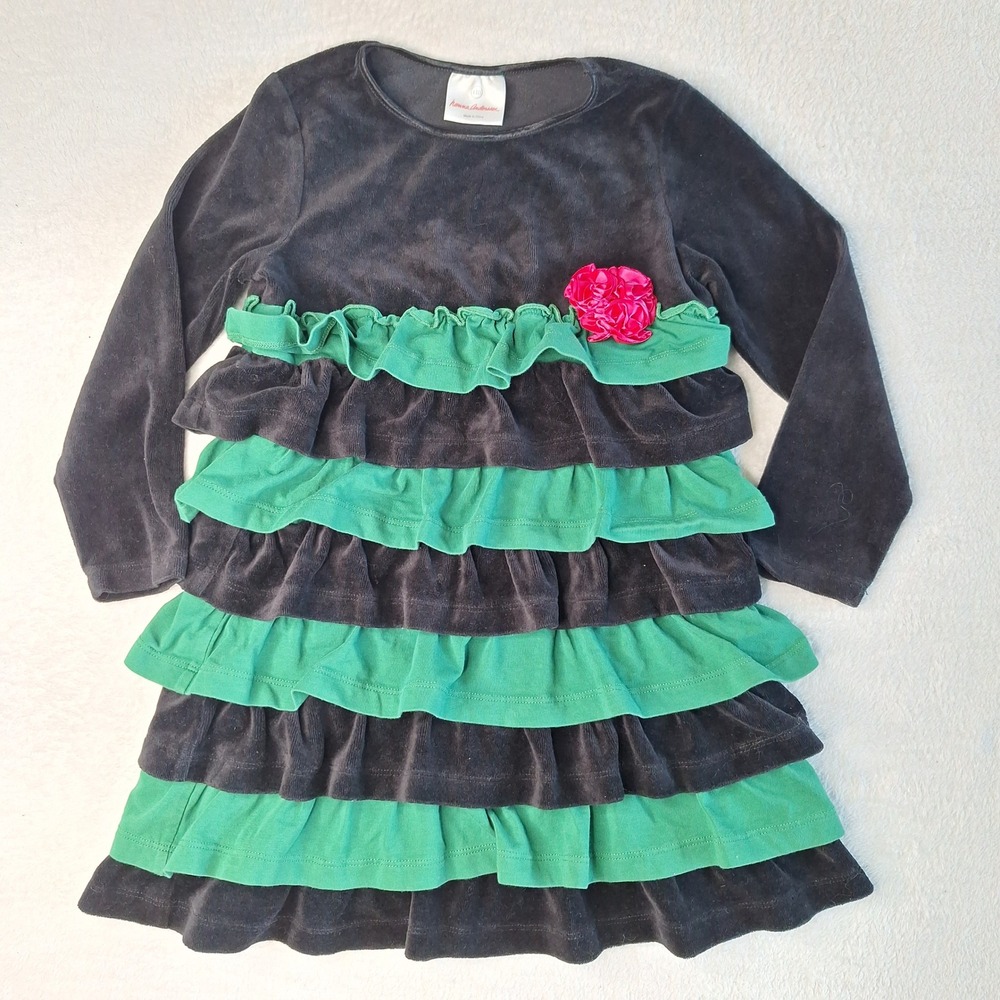 Hanna Andersson Girls‎ Velour Tiered Ruffle Dress Black Green Pink Rosette 110 5